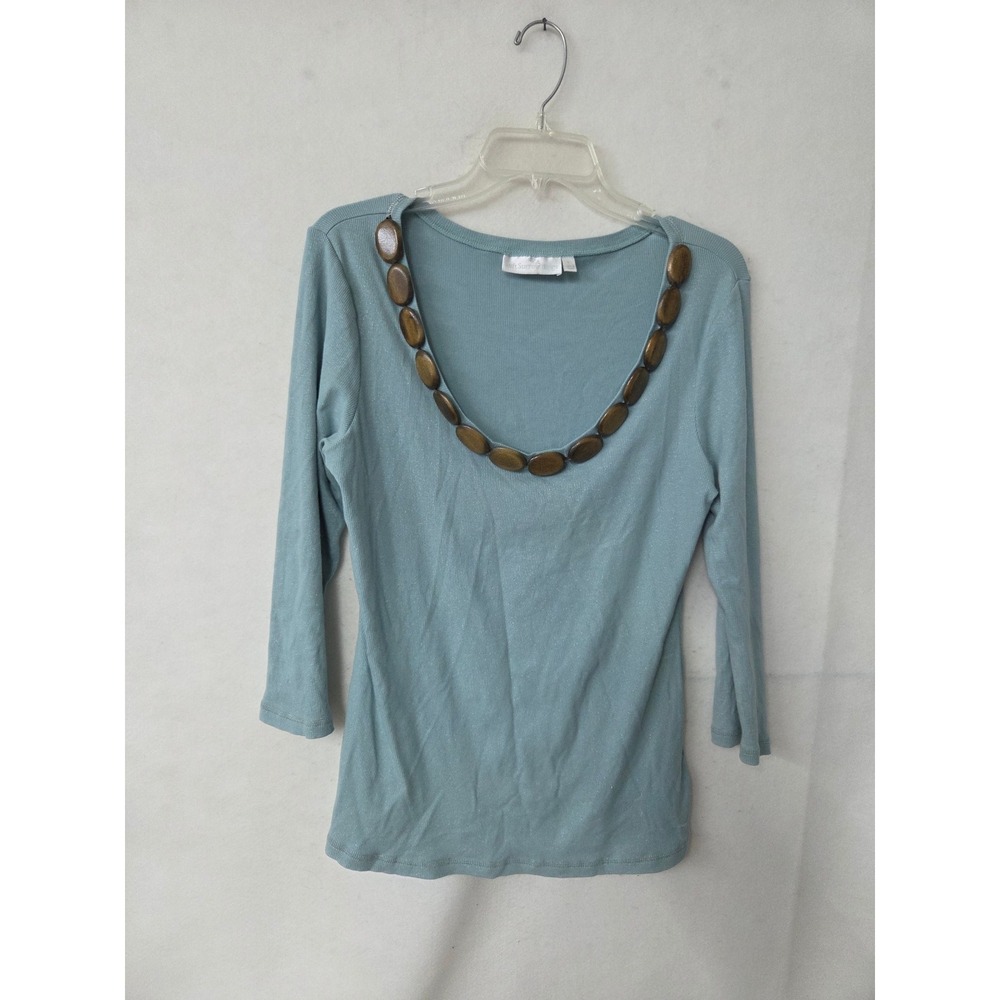 Soft Surroundings Blue Shimmer‎ Ribbed Top Wood Bead Neck 3/4 Sleeve Large 20877